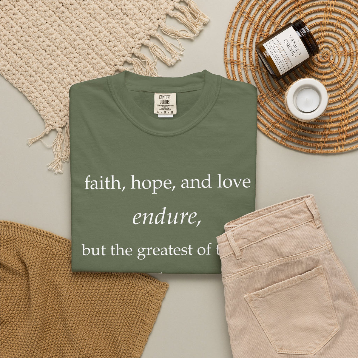 Faith Hope Love Tee — "faith, hope, and love endure... is love." Inspirational Christian T-Shirt