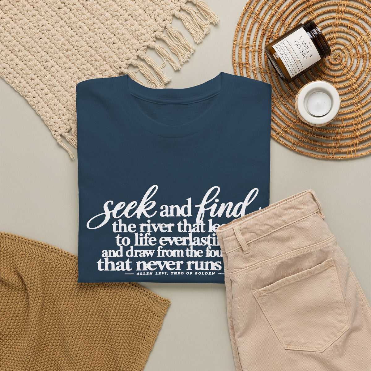 Seek and Find Inspirational Cotton Tee — "Seek and find the river that leads to life ever lasting"