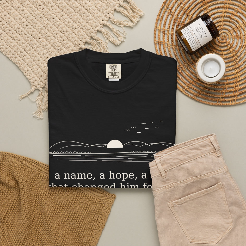 Literary Quote Sunset T-Shirt — "a name, a hope, a Love that changed him forever."