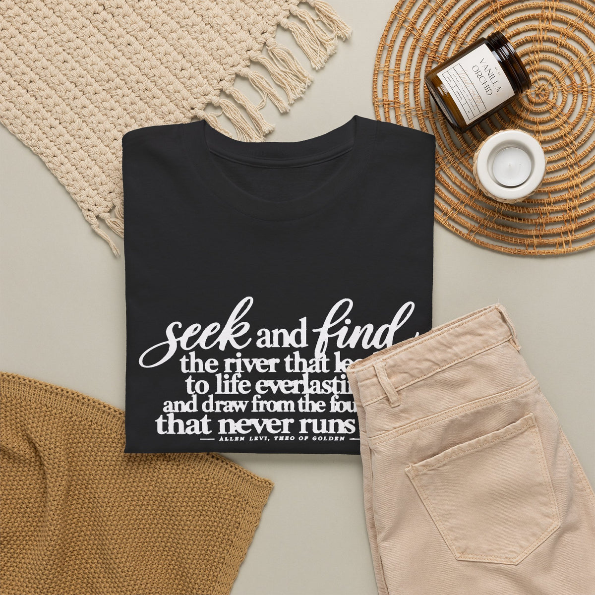Seek and Find Inspirational Cotton Tee — "Seek and find the river that leads to life ever lasting"