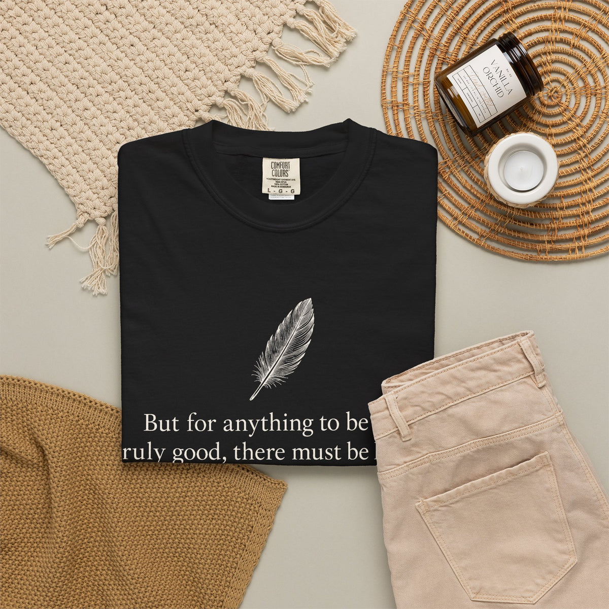 Literary Feather Quote T-Shirt — "But for anything to be good, truly good, there must be love in it."