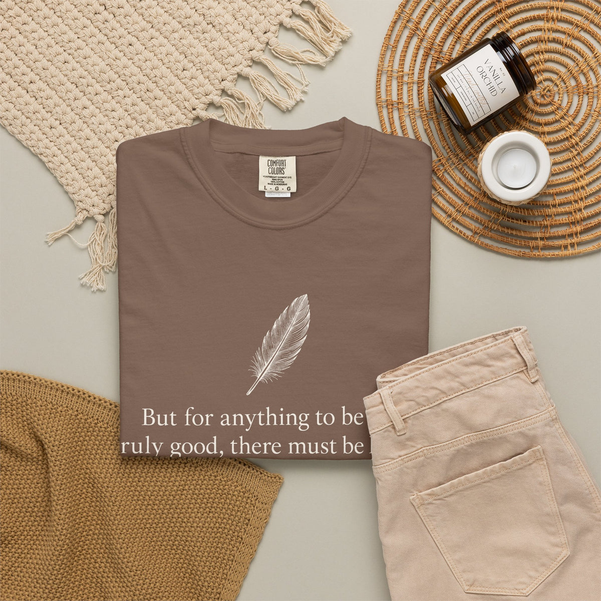 Literary Feather Quote T-Shirt — "But for anything to be good, truly good, there must be love in it."