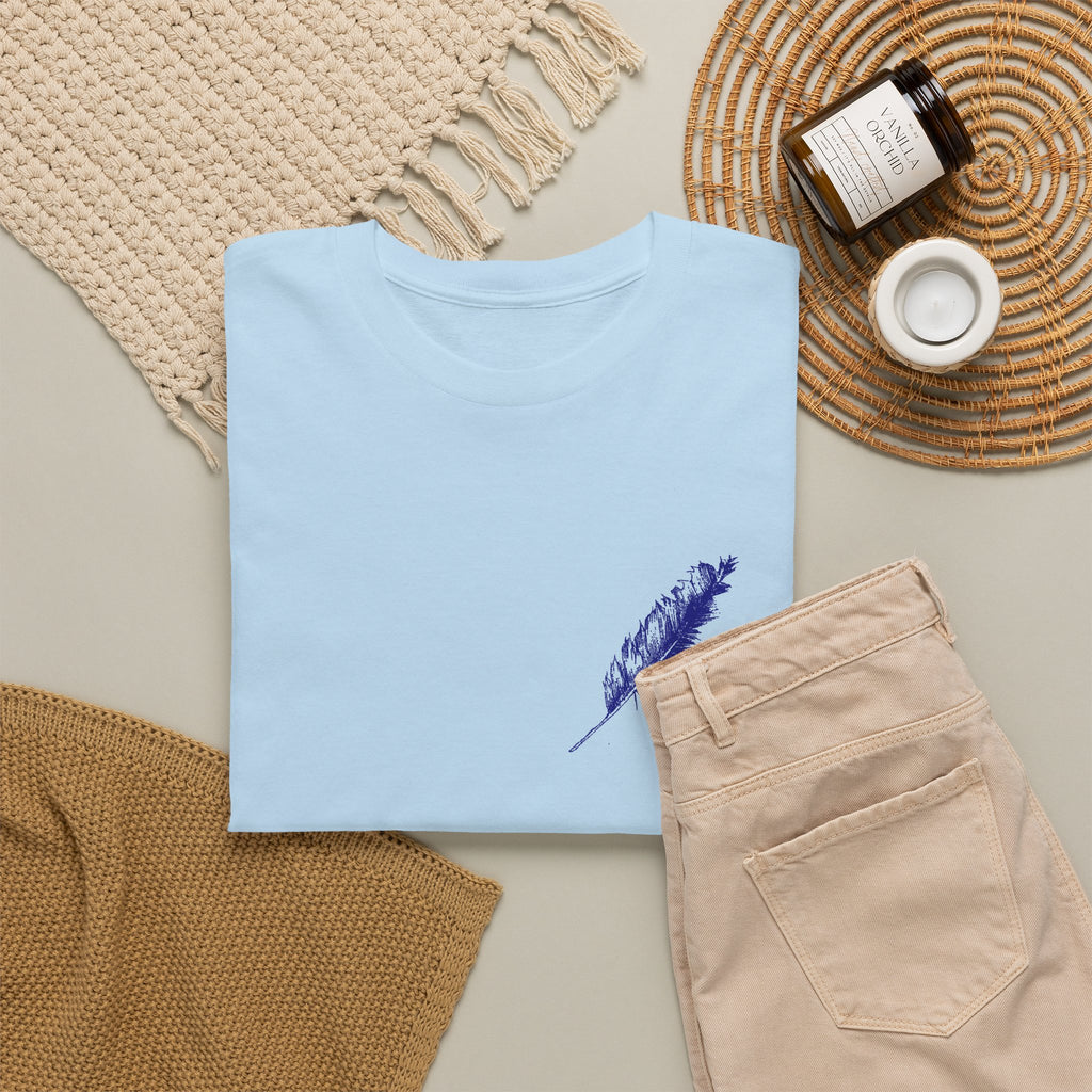 Inspirational Feather Tee — "Seek and find the river that leads to life everlasting" Back Print