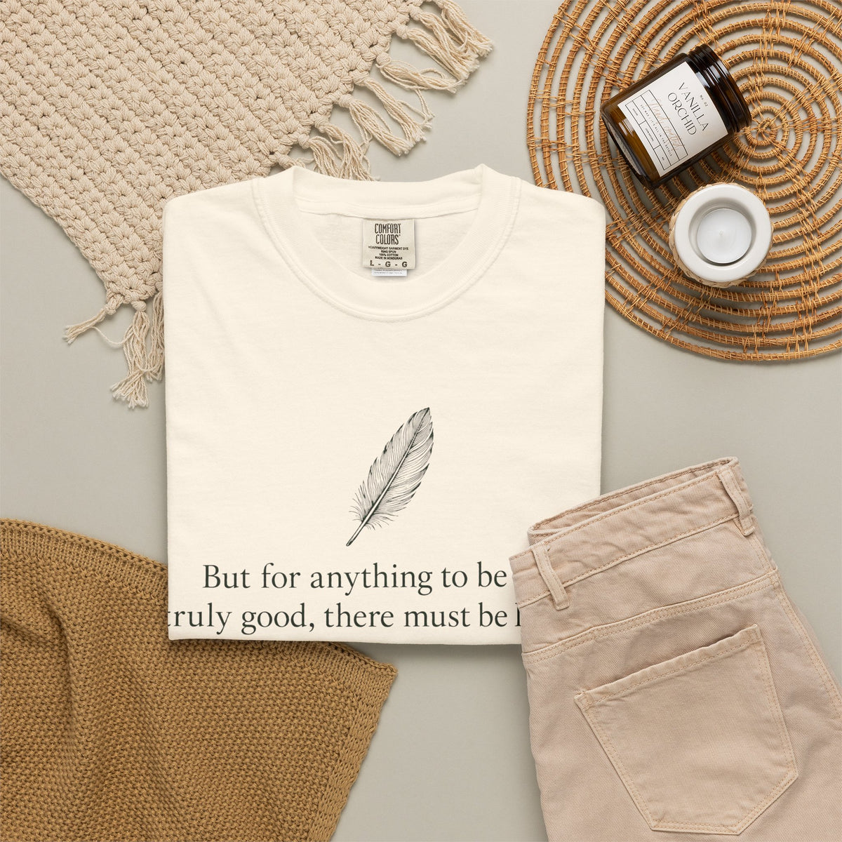 Literary Feather Quote T-Shirt — "But for anything to be good, I truly good, there must be love in it."