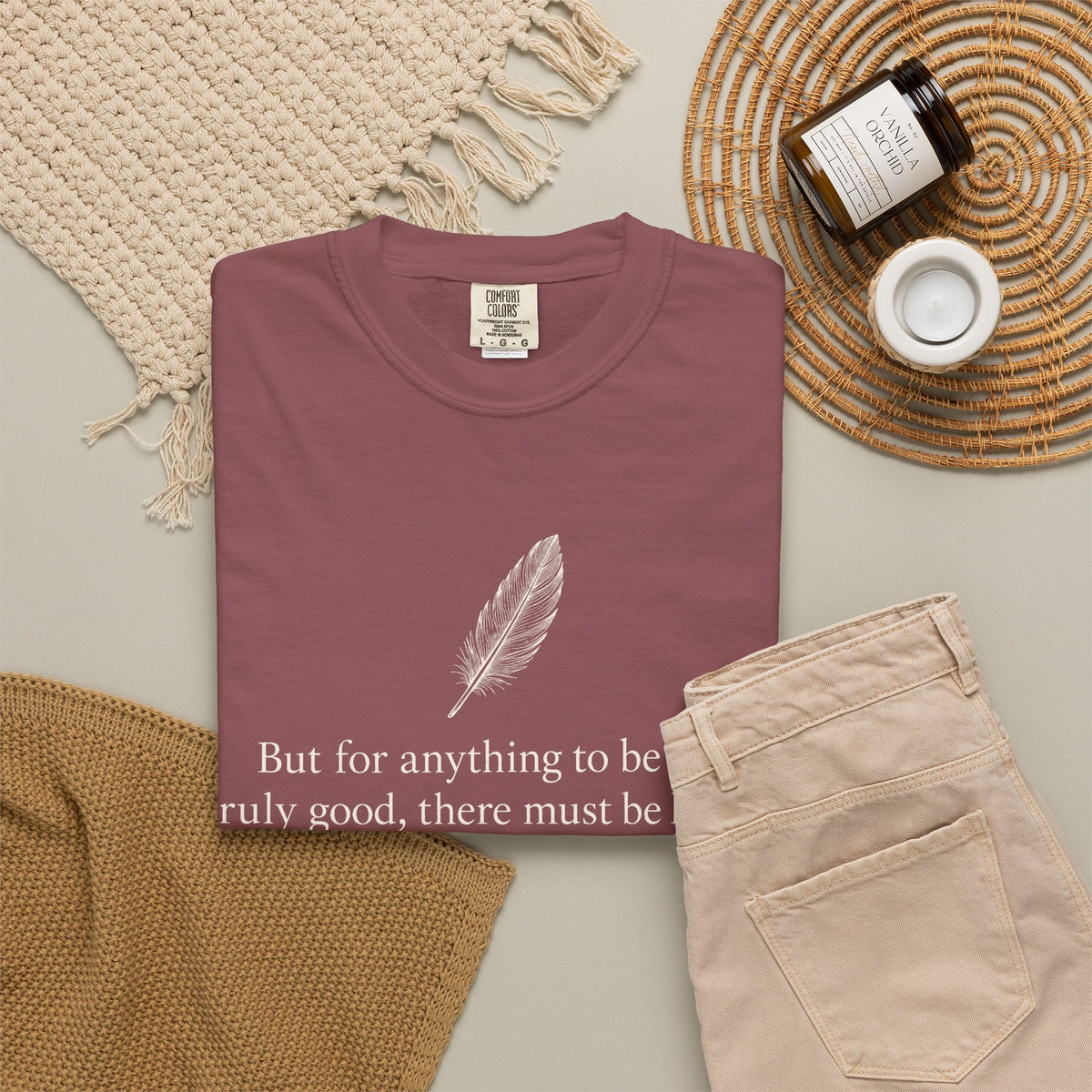 Literary Feather Quote T-Shirt — "But for anything to be good, truly good, there must be love in it."