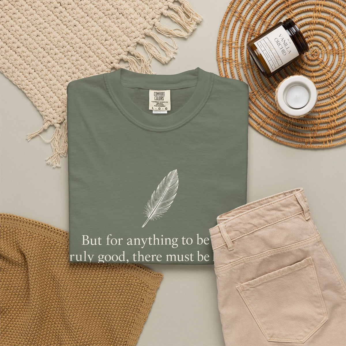 Literary Feather Quote T-Shirt — "But for anything to be good, truly good, there must be love in it."