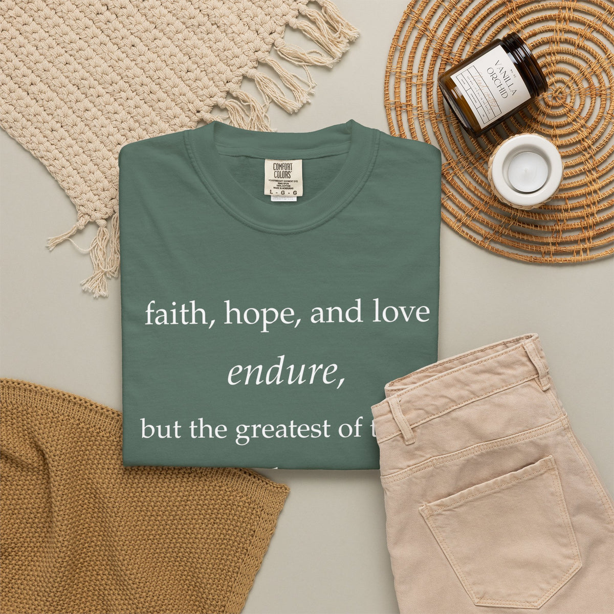 Faith Hope Love Tee — "faith, hope, and love endure... is love." Inspirational Christian T-Shirt