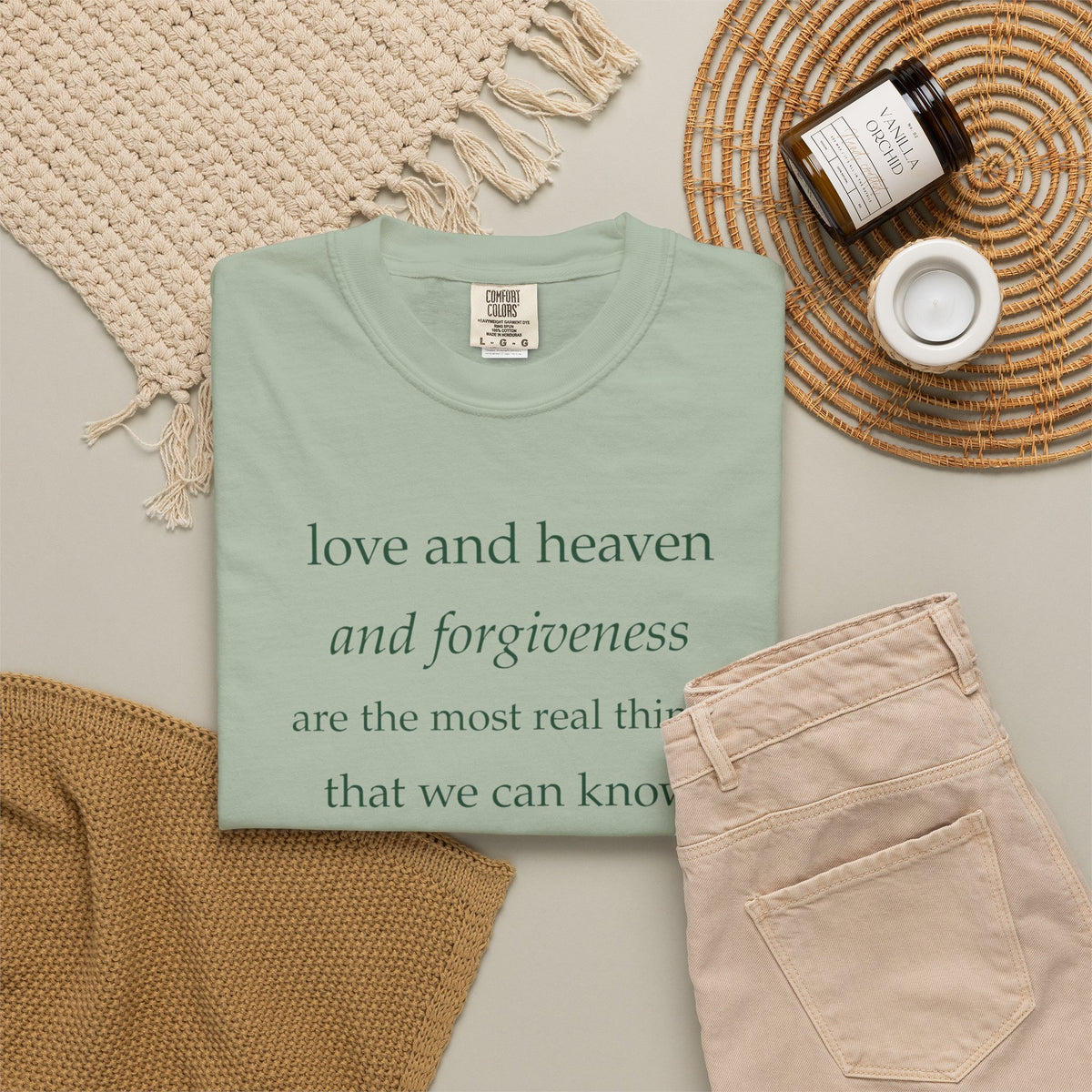 Inspirational Quote Tee — “love and heaven and forgiveness” Garment-Dyed T-Shirt