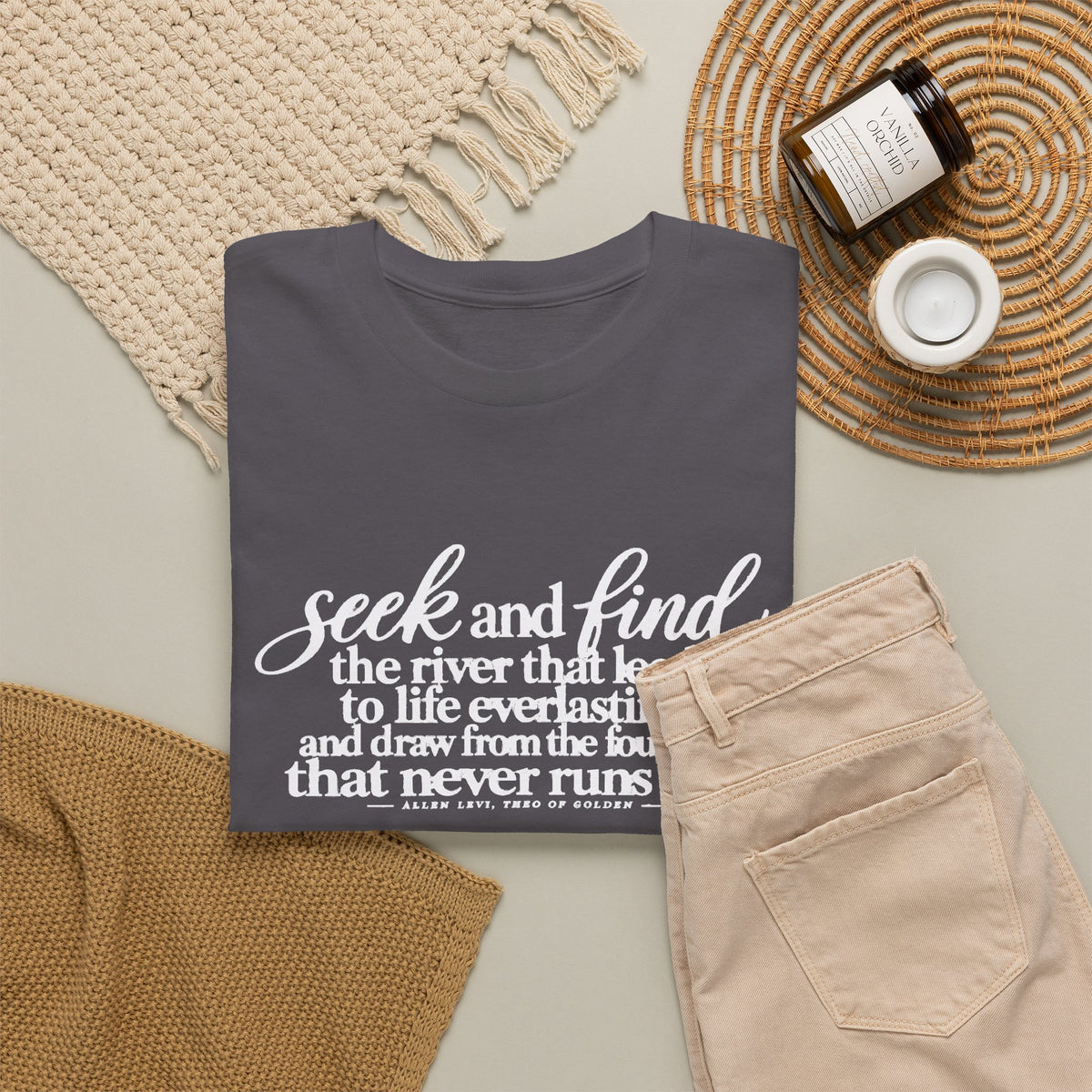 Seek and Find Inspirational Cotton Tee — "Seek and find the river that leads to life ever lasting"
