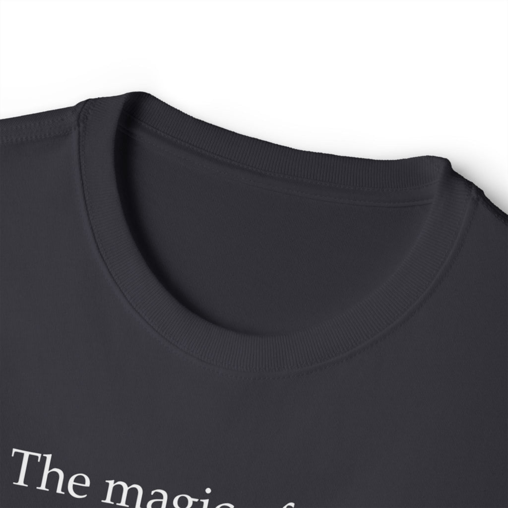 Literary Quote Tee — “The magic of story. The wonder of words.” Black Boxy T-Shirt