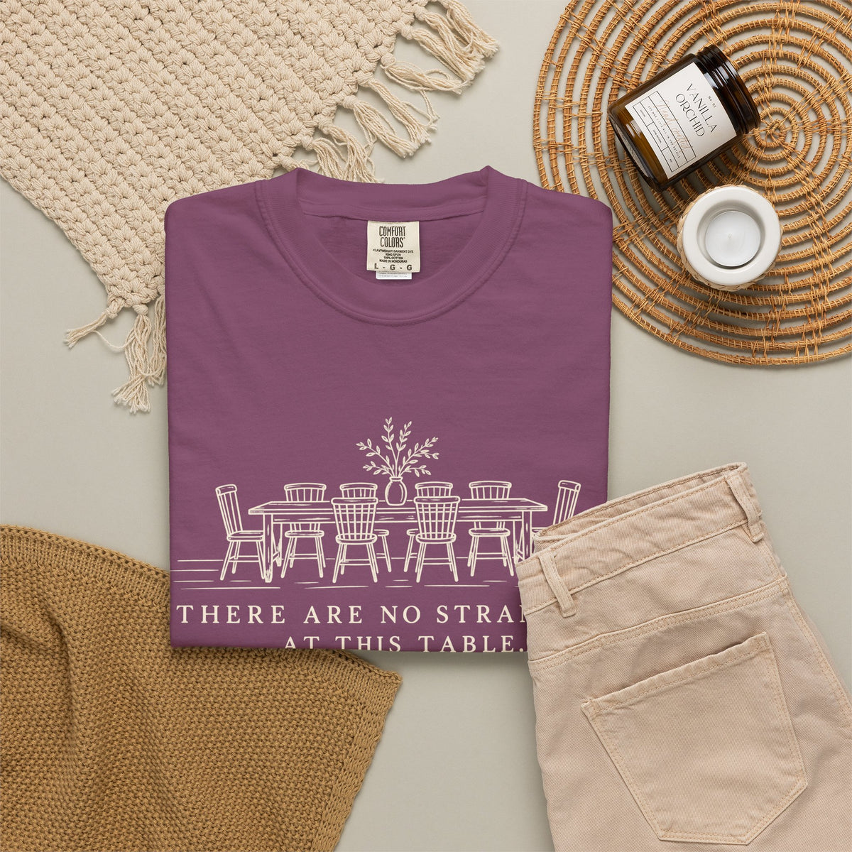 T-Shirt — "There Are No Strangers at This Table" Rustic Dinner Table Graphic